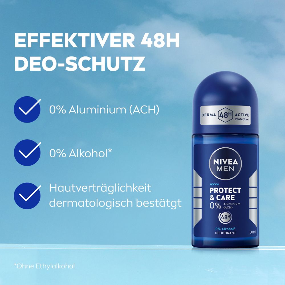 NIVEA MEN Protect & Care Roll-On: 48h Schutz, 0% Aluminium, 0% Alkohol. Hautverträglichkeit dermatologisch bestätigt.