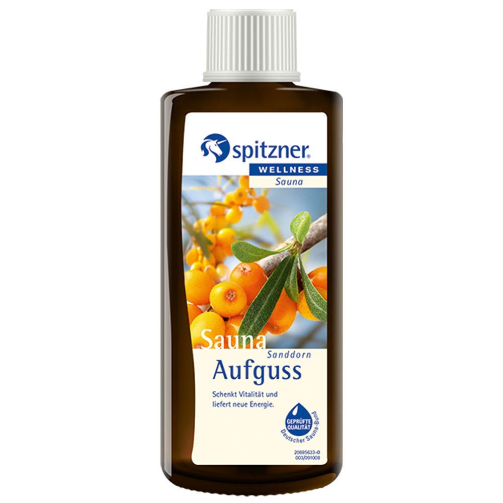 Flacon brun avec bouchon blanc. Étiquette avec logo, illustration d'argousier et texte Sauna Aufguss. Qualité certifiée.