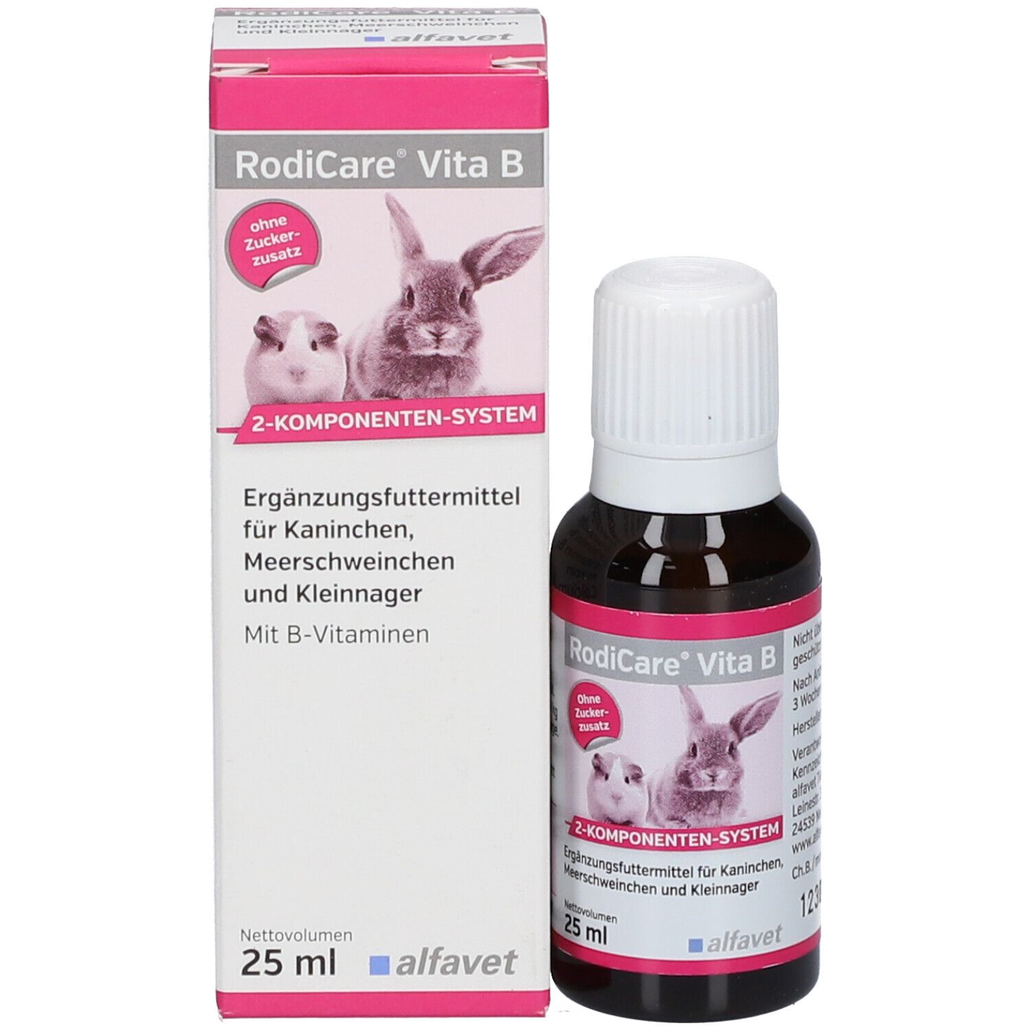 Produktverpackung mit Flasche. Aufdruck mit Produktnamen, Kaninchen- und Meerschweinchenabbildung.