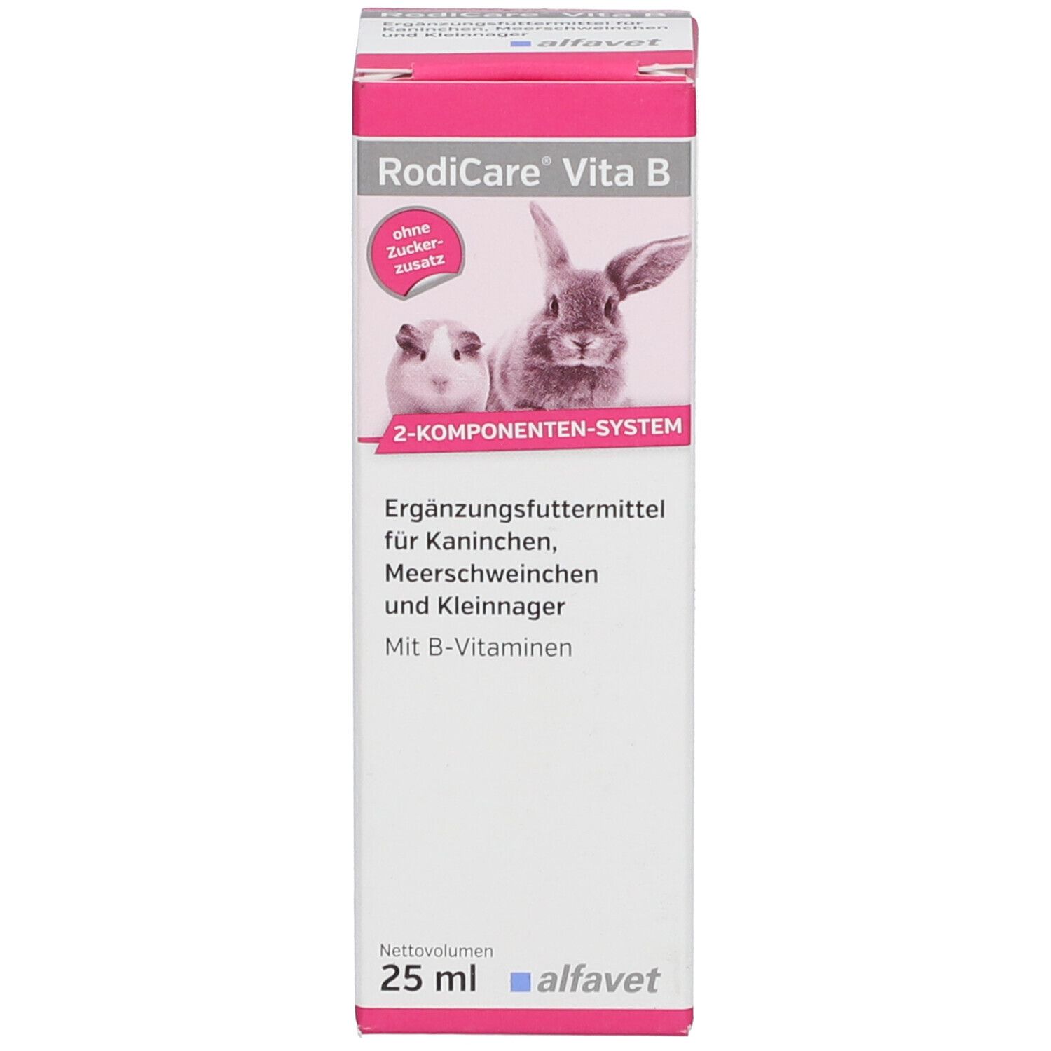 Produktverpackung. Aufdruck mit Produktnamen, Kaninchen- und Meerschweinchenabbildung.