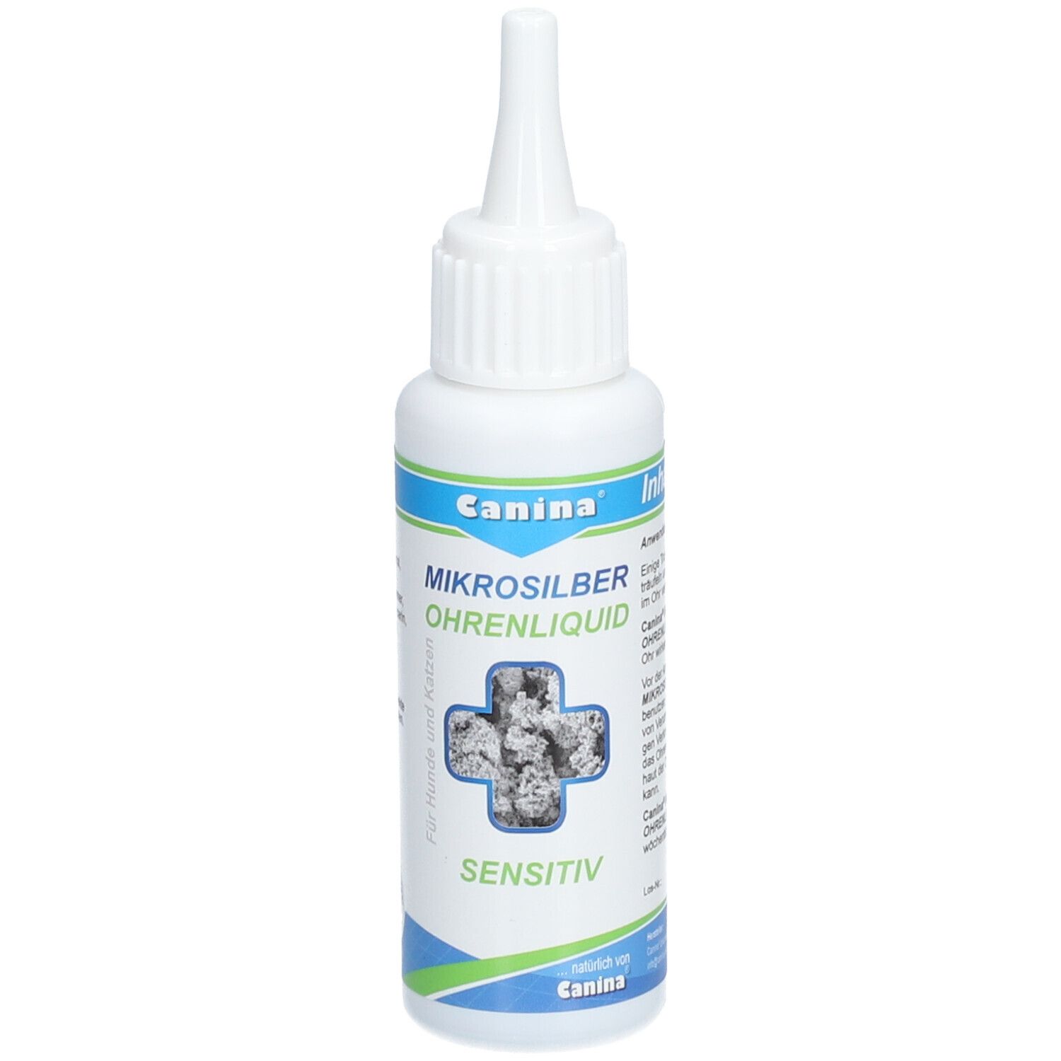 Flacon blanc avec applicateur. Inscription: Canina Mikrosilber Ohrenliquid sensitiv. Croix avec particules d'argent.