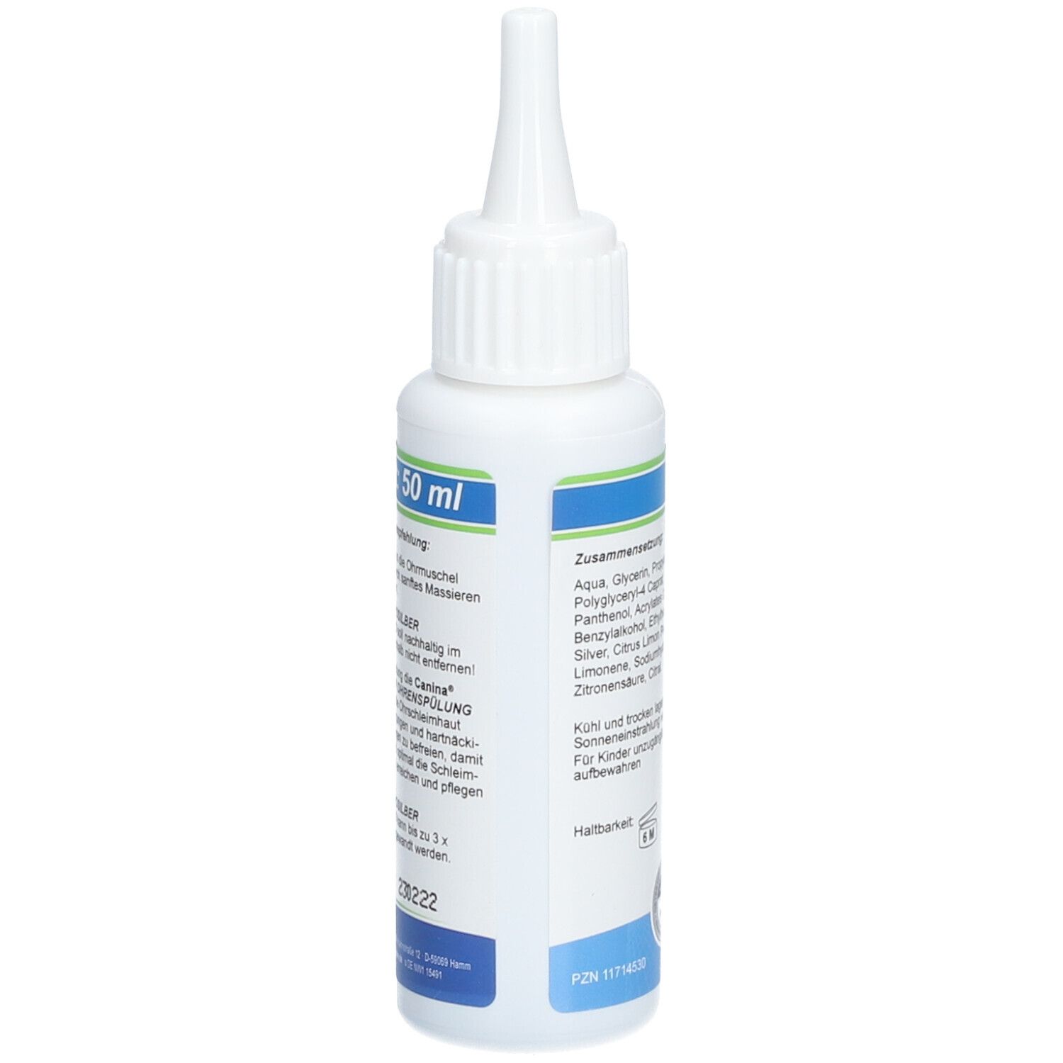 Flacon blanc avec applicateur. Inscription: 50 ml. Liste des ingrédients. Logo: Canina. Texte: Pour chiens et chats.
