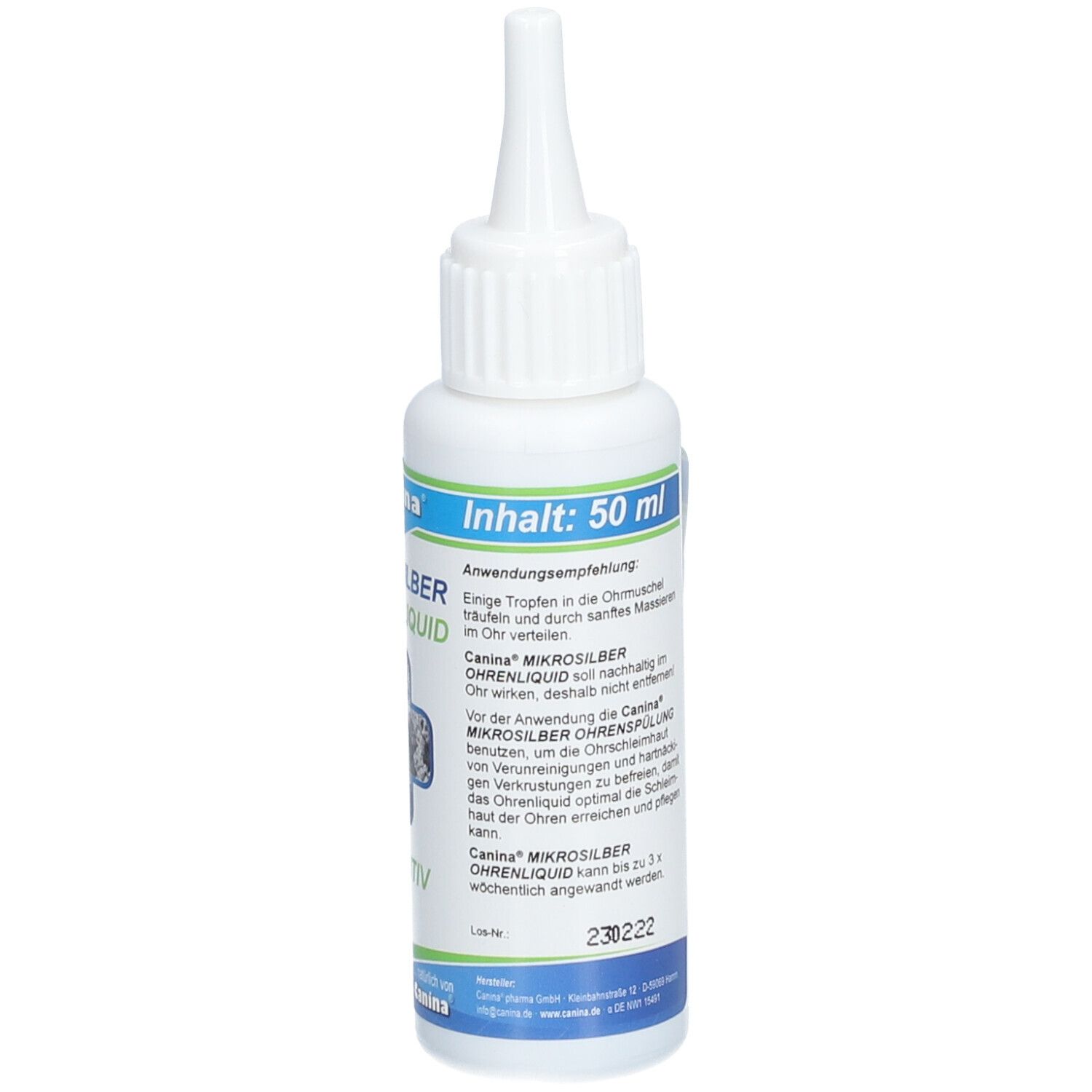 Flacon blanc avec applicateur. Inscription: Contenu: 50 ml. Recommandations d'utilisation. Logo: Canina. Texte: Pour chiens et chats.