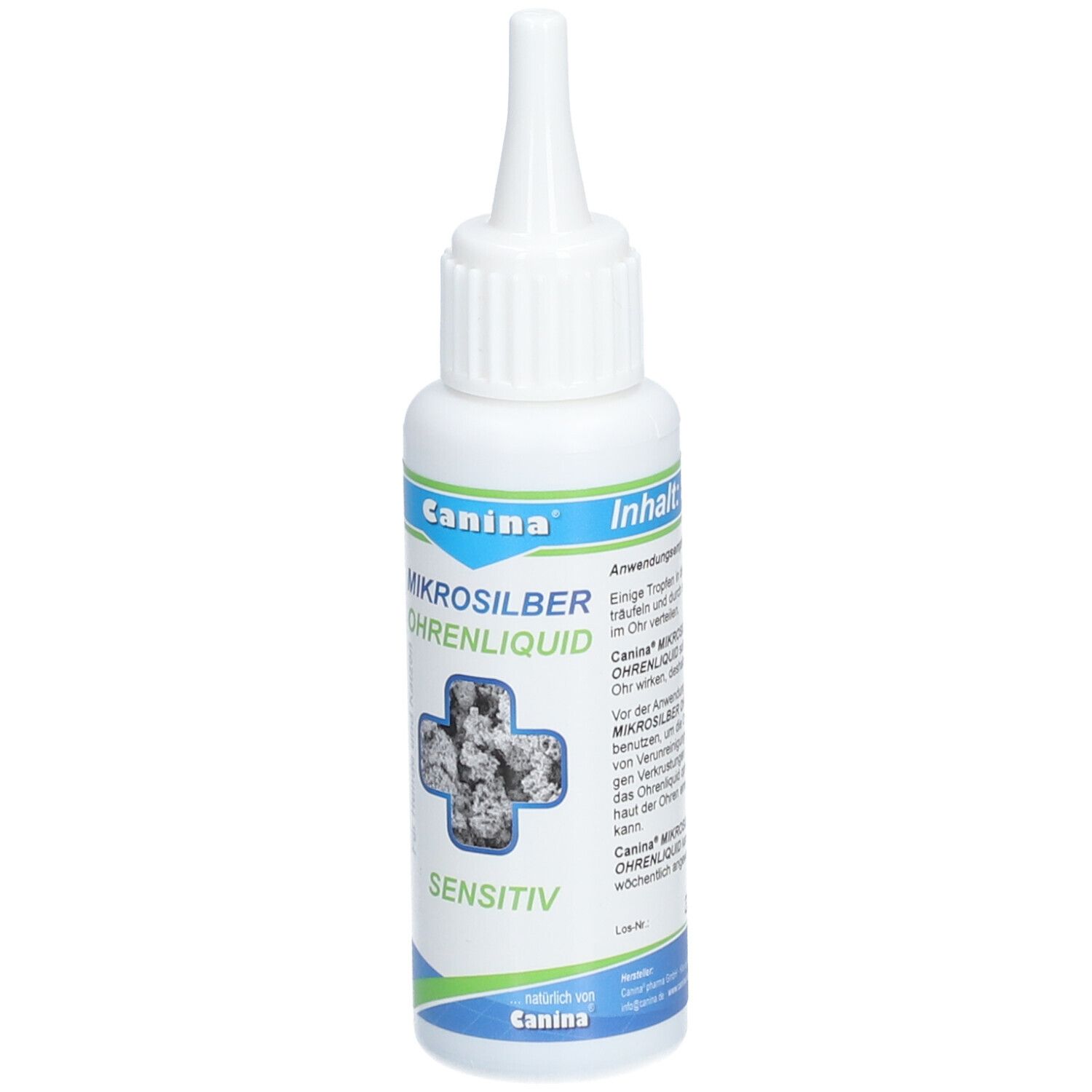 Flacon blanc avec applicateur. Inscription: Canina Mikrosilber Ohrenliquid sensitiv. Croix avec particules d'argent. Logo: Canina.