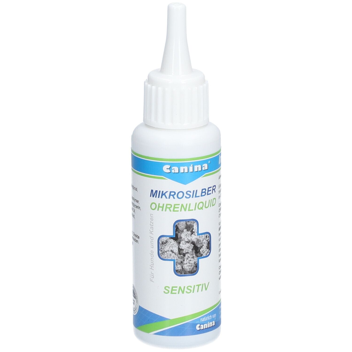 Flacon blanc avec applicateur. Inscription: Canina Mikrosilber Ohrenliquid sensitiv. Croix avec particules d'argent. Texte: Pour chiens et chats.