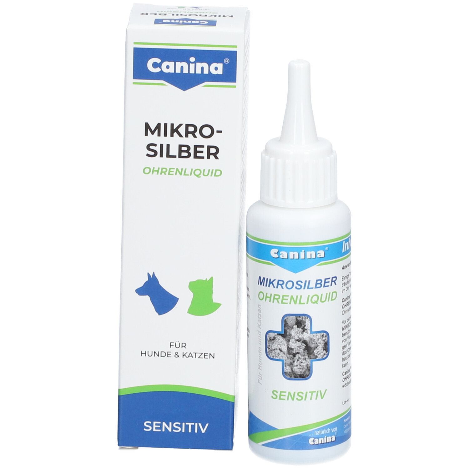 Flacon et emballage du produit. Inscription: Canina Mikrosilber Ohrenliquid sensitiv. Logo: Canina. Texte: Pour chiens et chats.