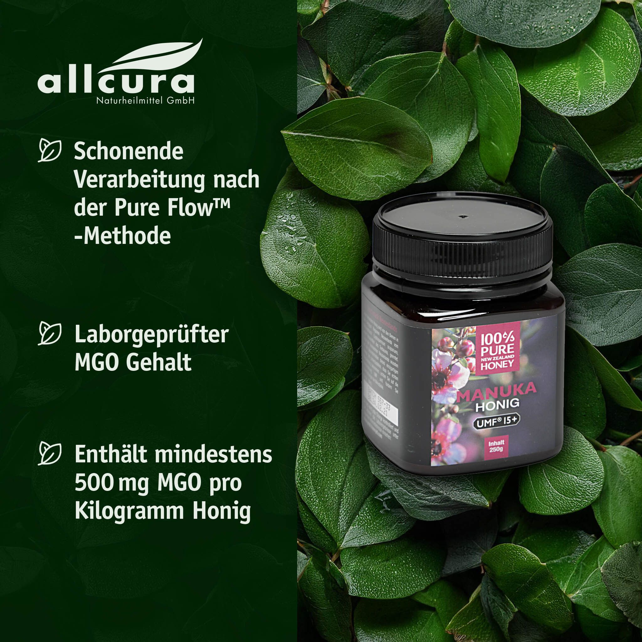 Glas Manuka Honig UMF 15+ vor grünem Hintergrund. Text: Schonende Verarbeitung, Laborgeprüfter MGO Gehalt, 500 mg MGO pro kg Honig.