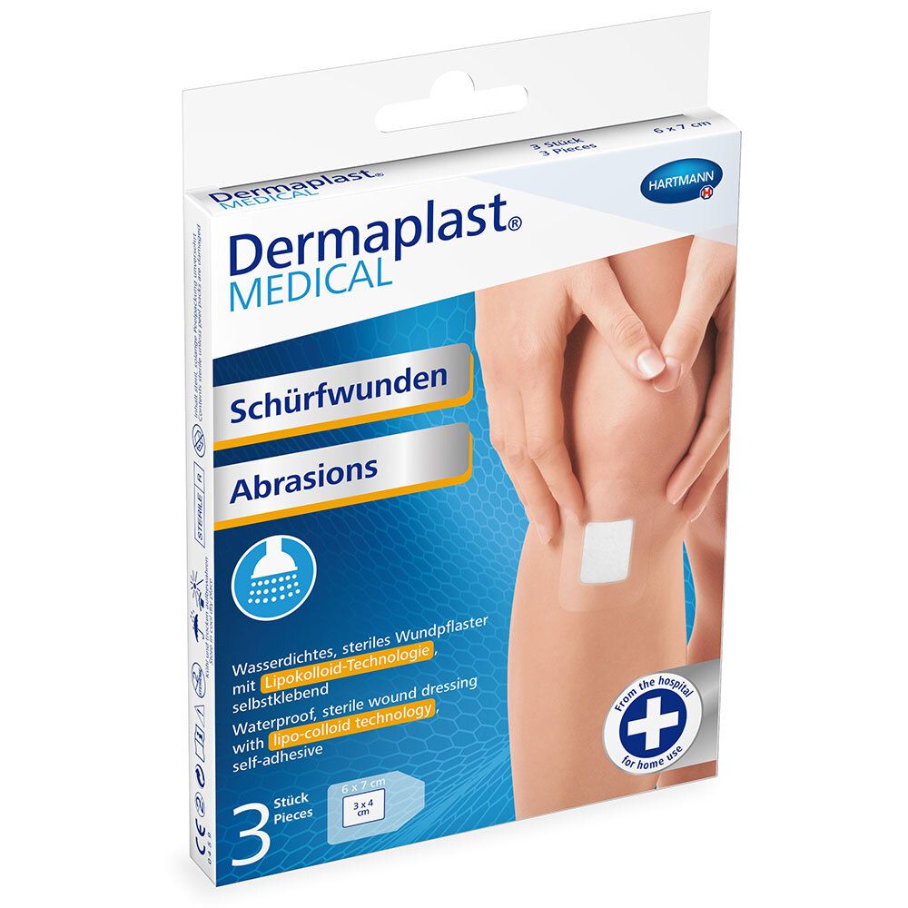 Verpackung von Dermaplast® MEDICAL Schürfwunden. 3 Stück, 6 x 7 cm. Zeigt ein Knie mit Pflaster. Marke und Produktbezeichnung.