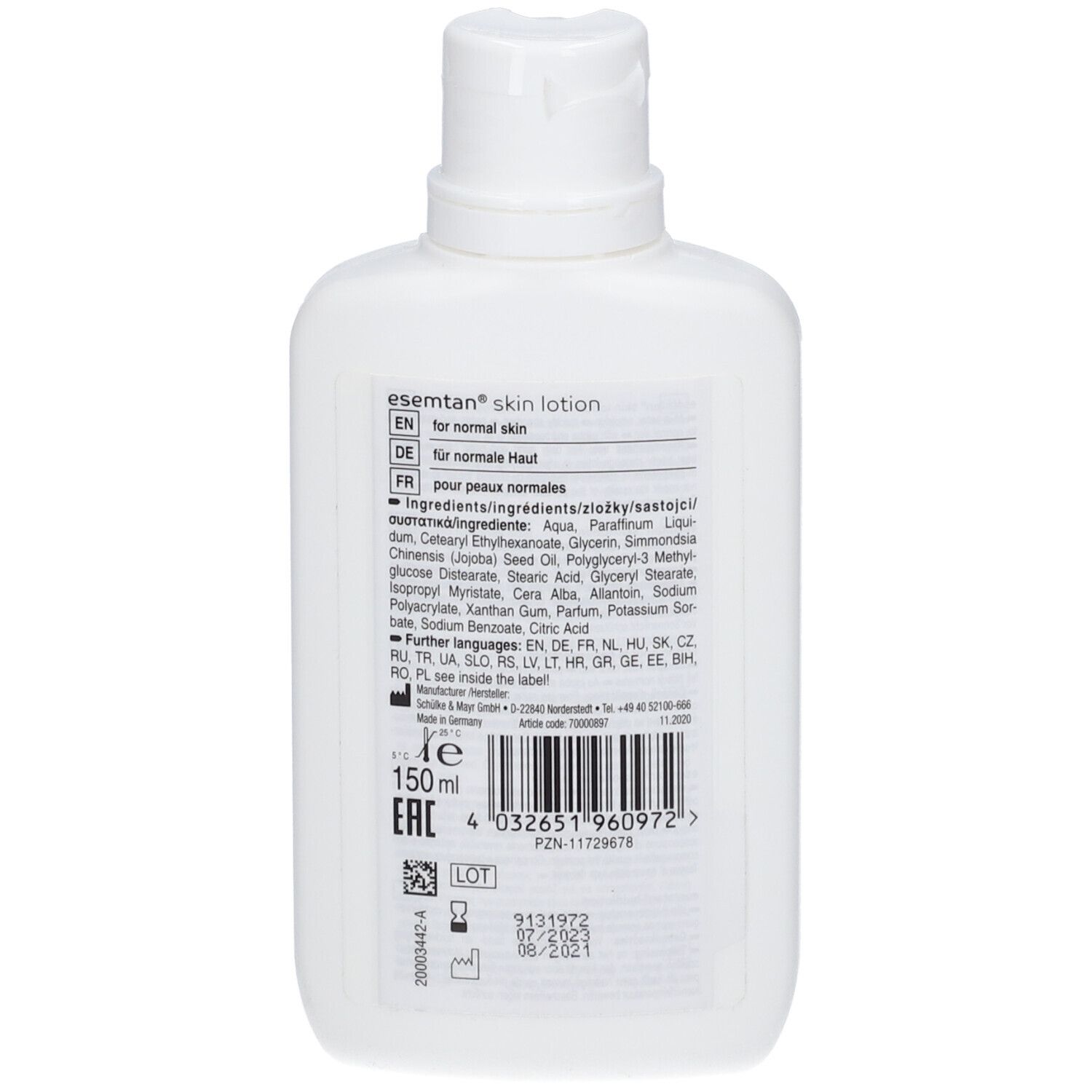 Dos du flacon blanc de lotion esemtan® Skin. Texte : pour peaux normales, ingrédients, 150ml, code EAN, numéro de lot et informations fabricant.