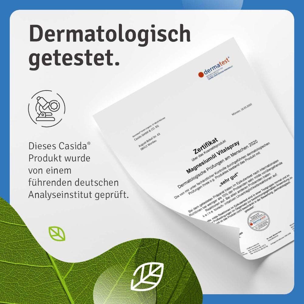 Certificat. Texte: Testé dermatologiquement. Ce produit Casida a été testé par un institut d'analyse allemand de premier plan.
