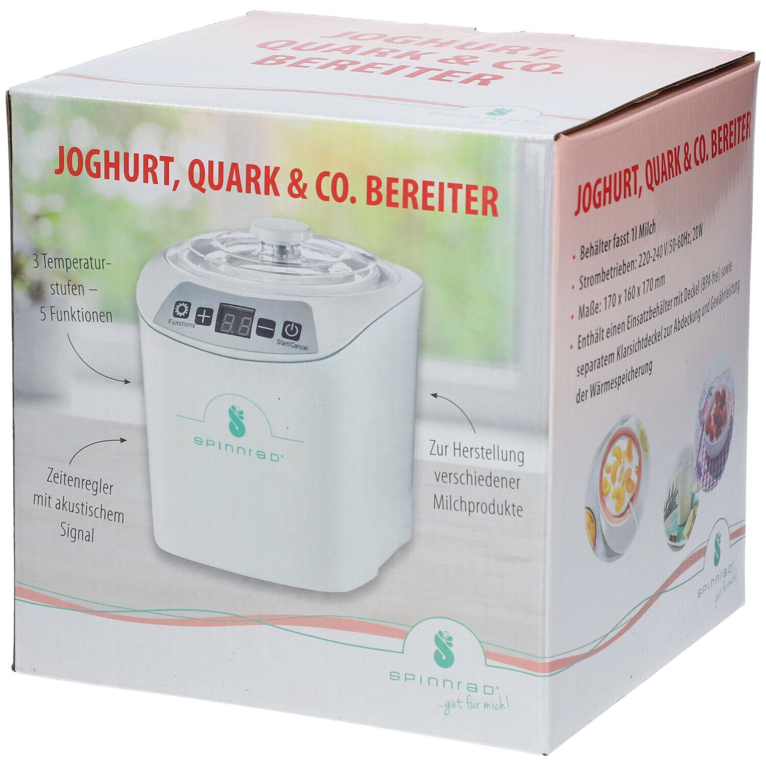 Emballage du yaourtière. Inscription : Joghurt, Quark & Co. Bereiter. Produit et fonctions illustrés.