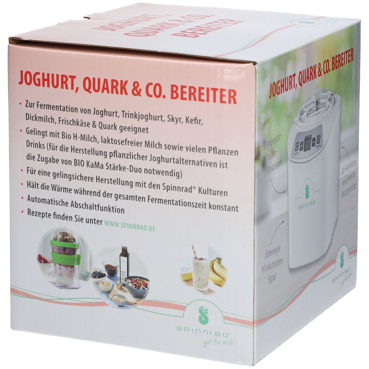 Emballage du yaourtière. Inscription : Joghurt, Quark & Co. Bereiter. Applications et ingrédients du produit illustrés.