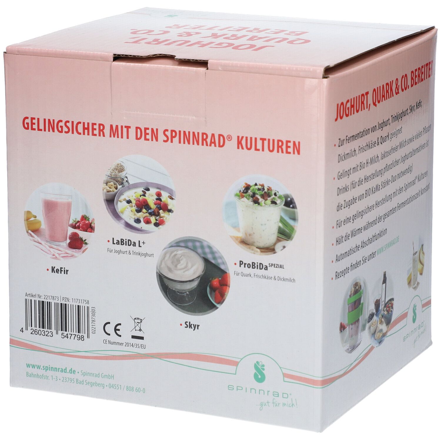 Emballage du yaourtière. Inscription : Joghurt, Quark & Co. Bereiter. Applications et ingrédients du produit illustrés.