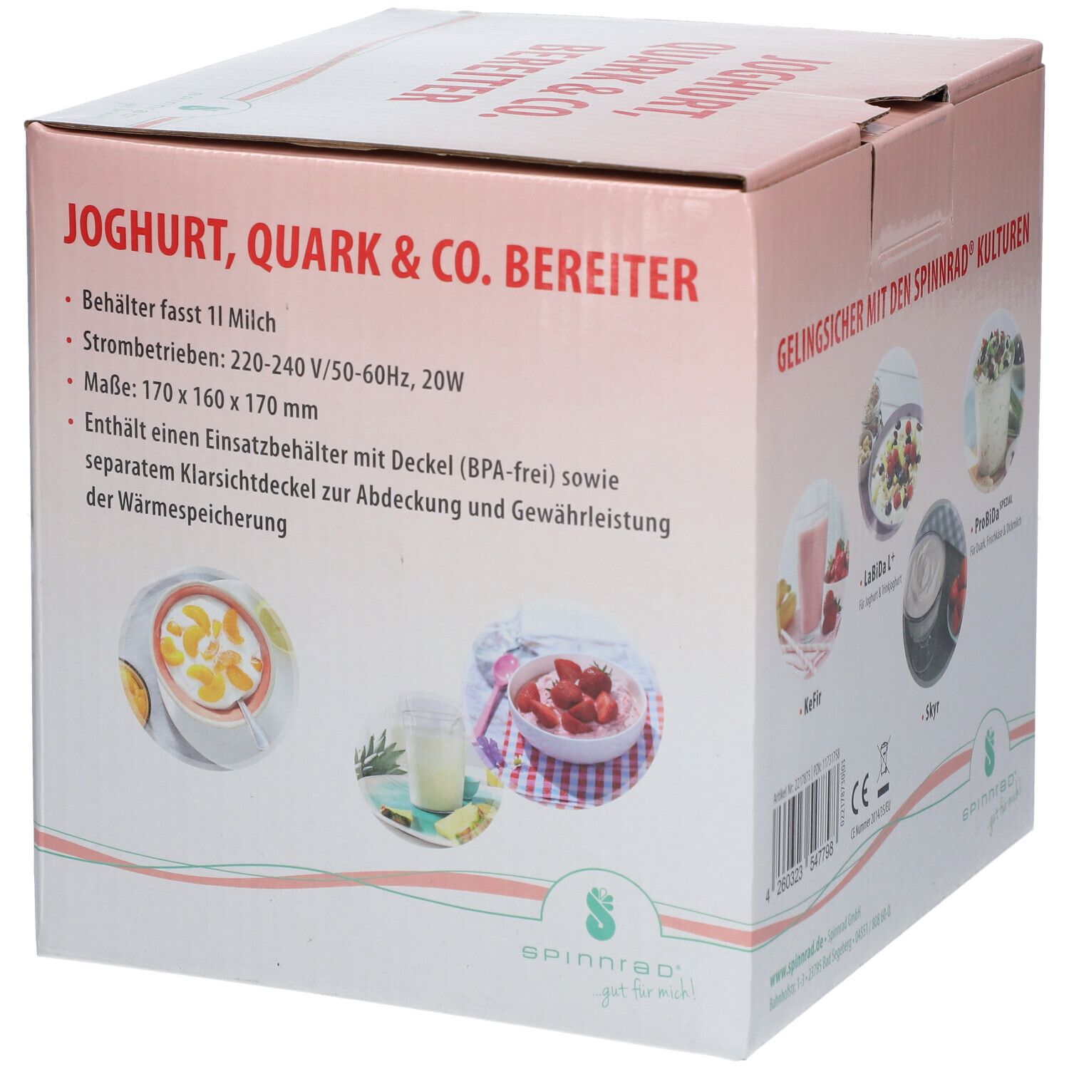Emballage du yaourtière. Inscription : Joghurt, Quark & Co. Bereiter. Caractéristiques et spécifications du produit illustrées.