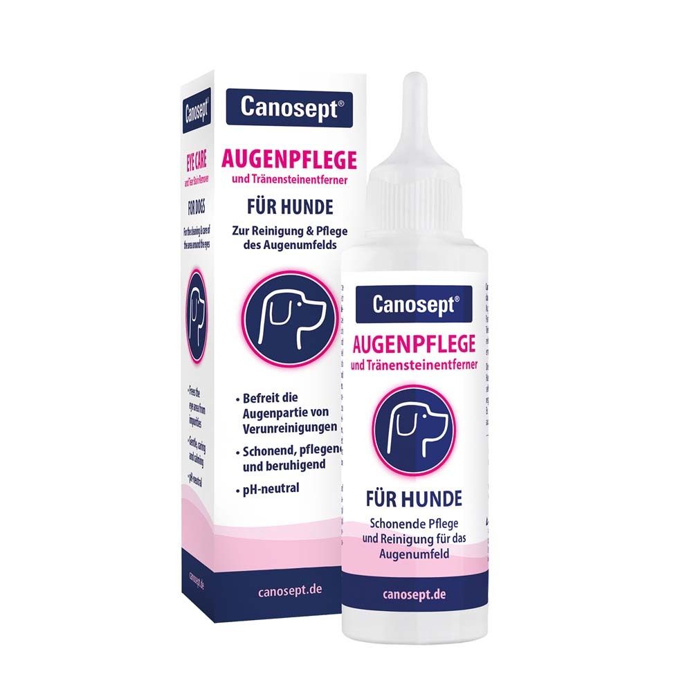 Canosept Augenpflege pour chiens. Flacon et emballage avec informations et logo. Combinaison de couleurs rose et blanc.