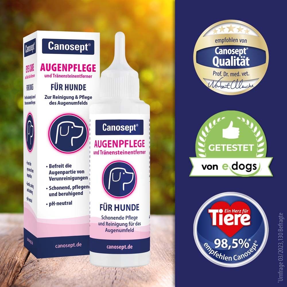 Canosept Augenpflege pour chiens. Flacon et emballage. Logos et labels de qualité.