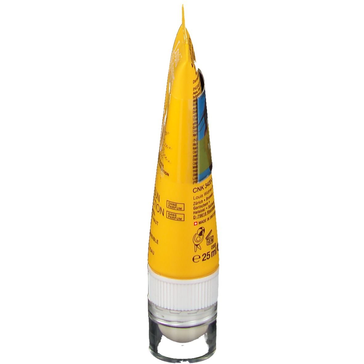 Tube jaune, vue latérale. Inscription: Extra Sun Protection, 25ml. Avec bouchon blanc et applicateur.