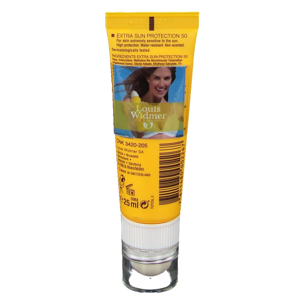 Dos du tube jaune. Inscription: Extra Sun Protection 50. Avec image d'une femme. 25 ml. Fabriqué en Suisse.
