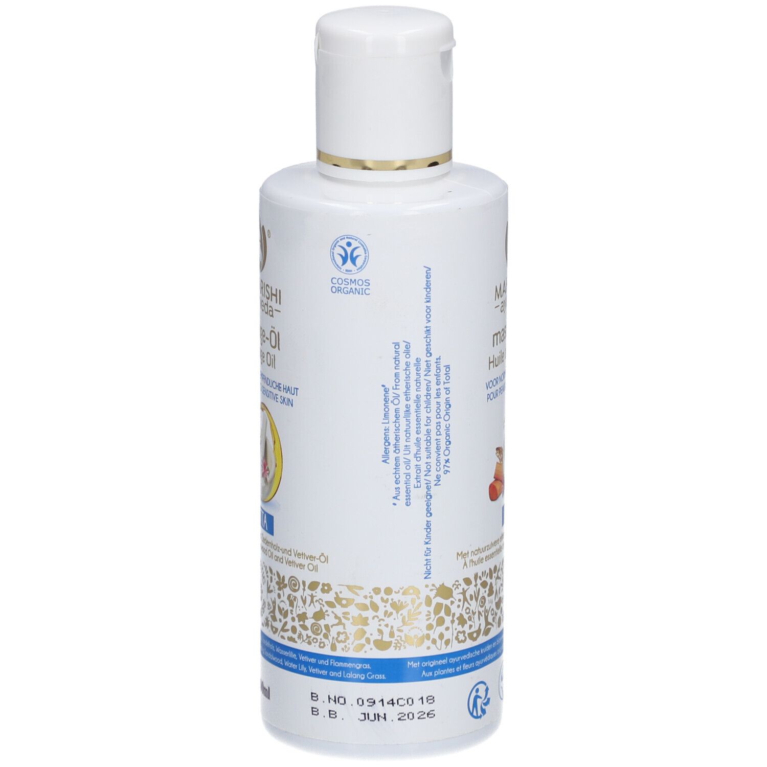 Weiße Flasche mit Massageöl. Aufschrift: Maharishi Ayurveda, Massage-Öl, für normale bis empfindliche Haut. Cosmos Organic Siegel.