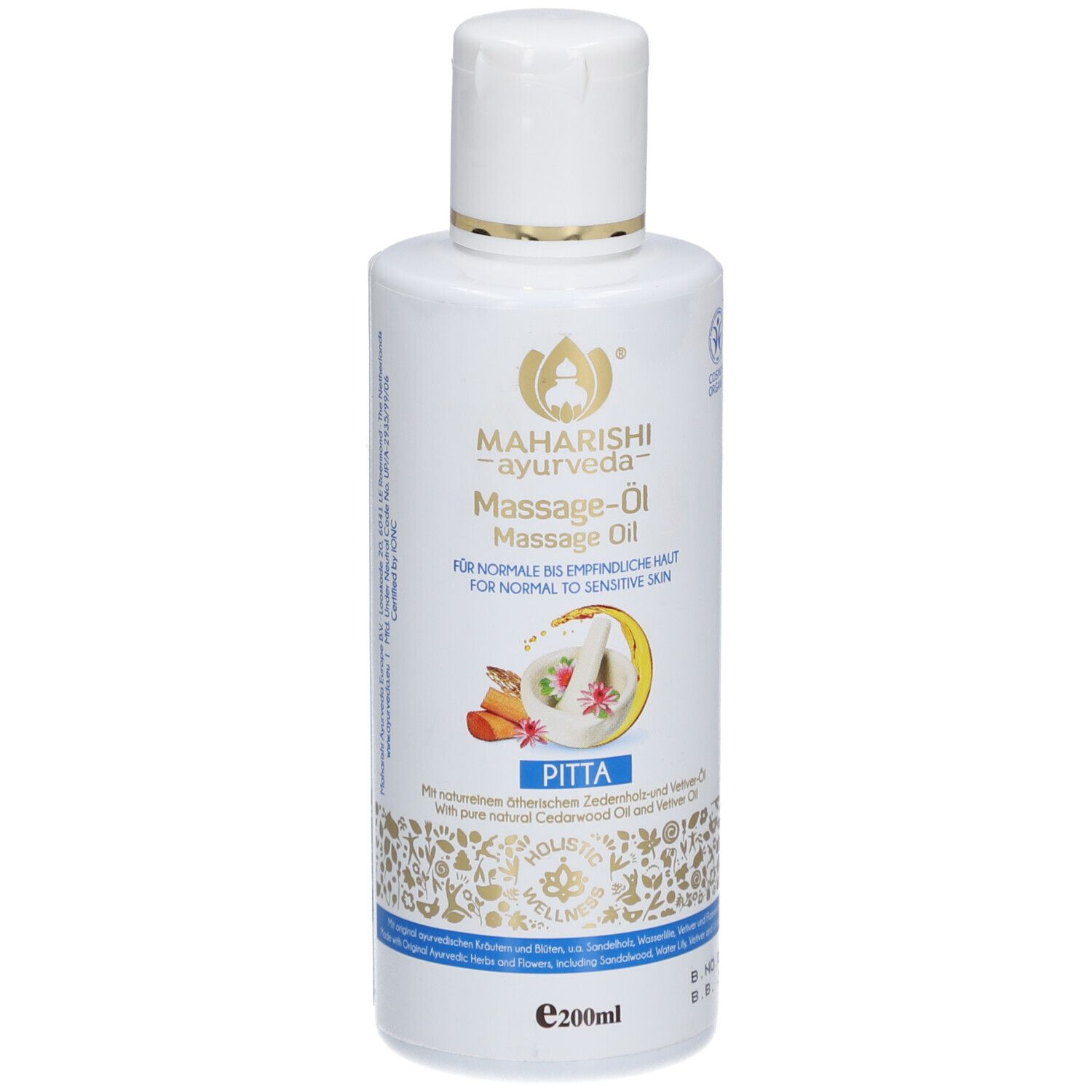 Weiße Flasche mit Massageöl. Aufschrift: Maharishi Ayurveda, Massage-Öl, für normale bis empfindliche Haut. Mit Pitta-Kennzeichnung.