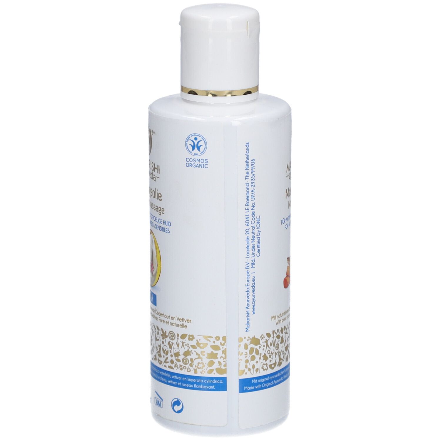 Weiße Flasche mit Massageöl. Aufschrift: Maharishi Ayurveda, Massage-Öl, für normale bis empfindliche Haut. Cosmos Organic Siegel.