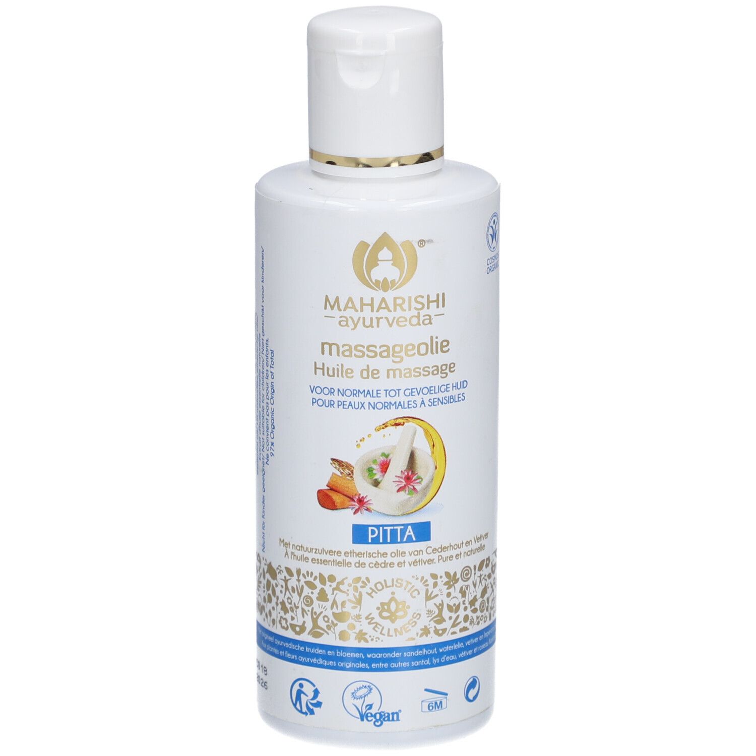 Weiße Flasche mit Massageöl. Aufschrift: Maharishi Ayurveda, Massage-Öl, für normale bis empfindliche Haut. Vegan-Siegel.