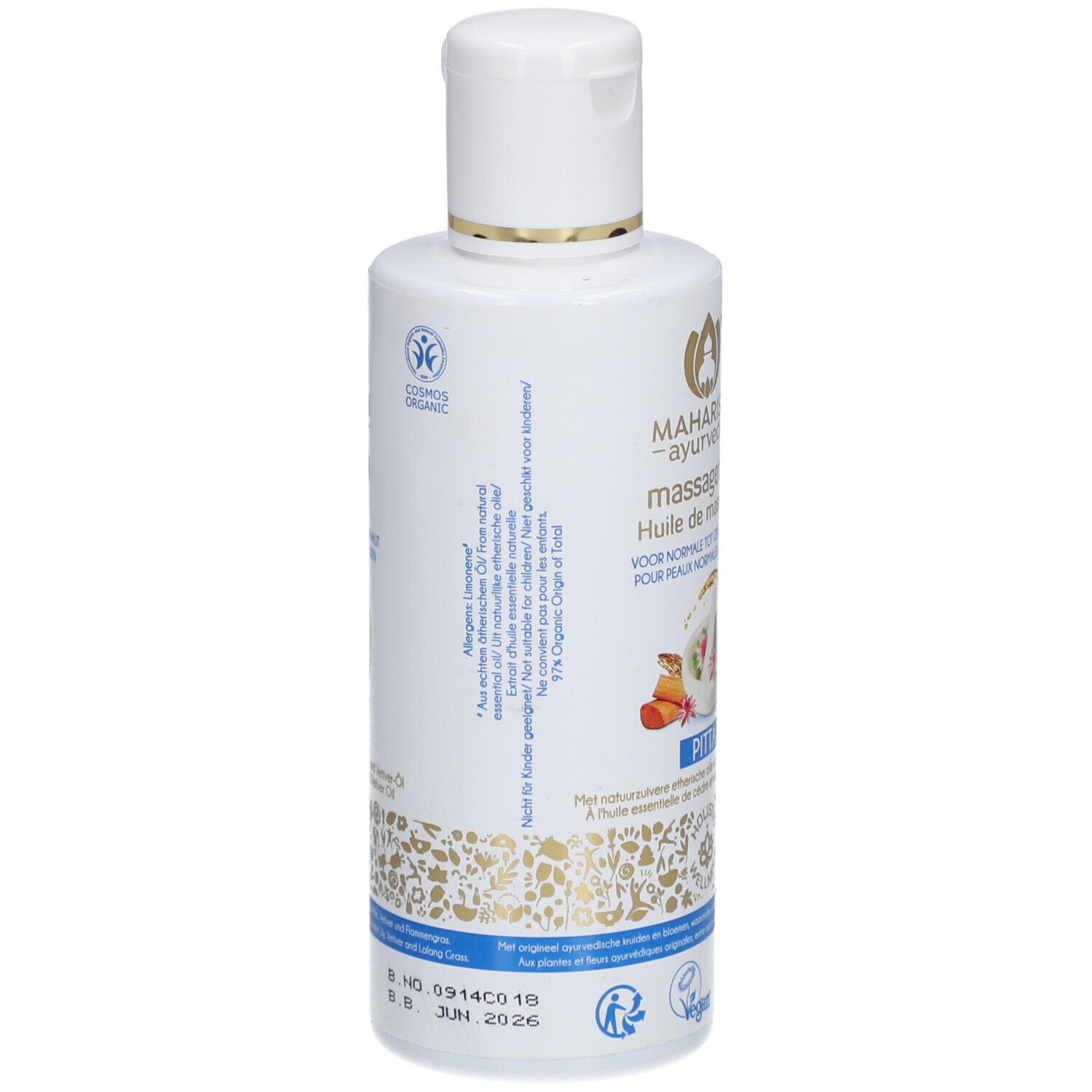 Weiße Flasche mit Massageöl. Aufschrift: Maharishi Ayurveda, Massage-Öl, für normale bis empfindliche Haut. Cosmos Organic Siegel.