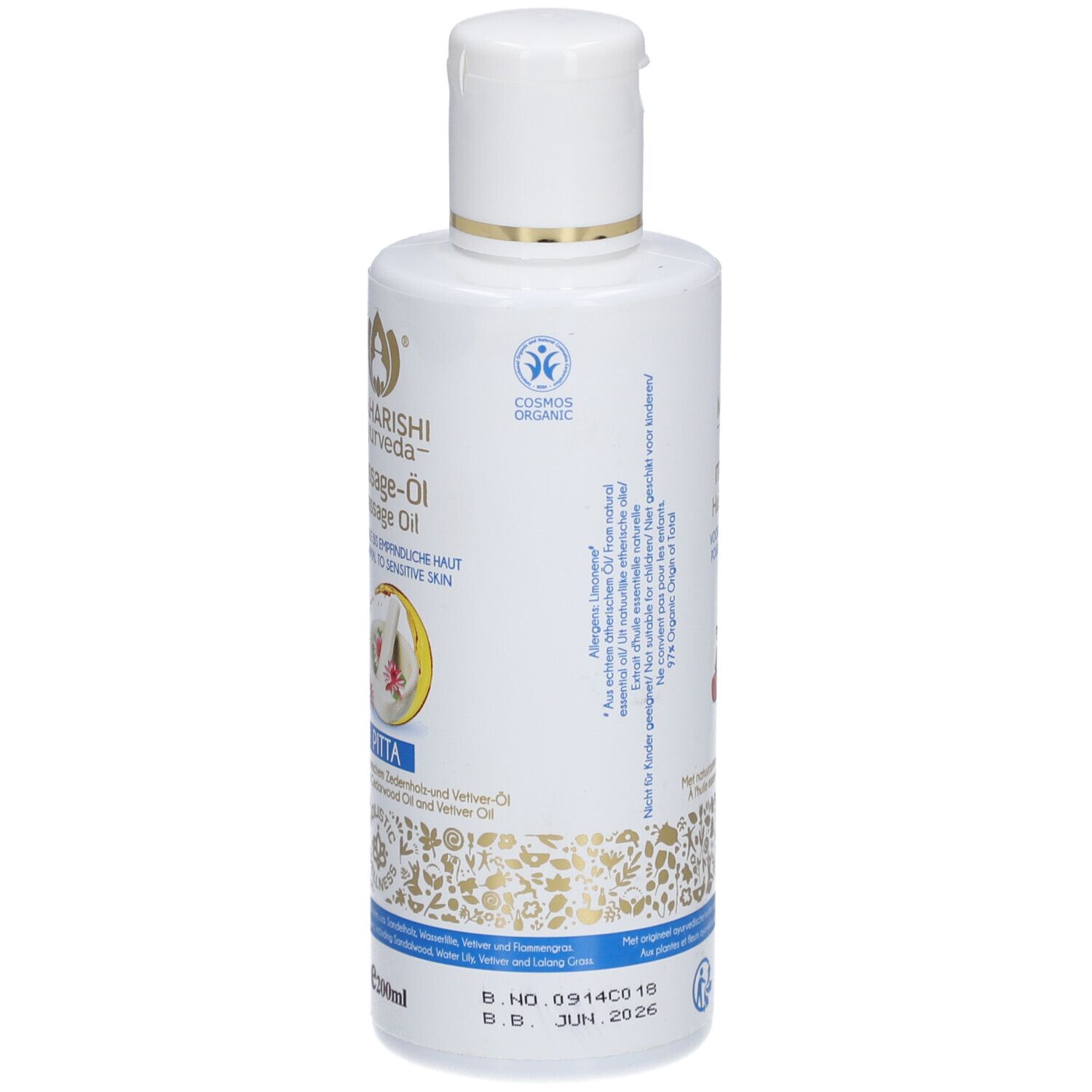 Weiße Flasche mit Massageöl. Aufschrift: Maharishi Ayurveda, Massage-Öl, für normale bis empfindliche Haut. Mit Pitta-Kennzeichnung.