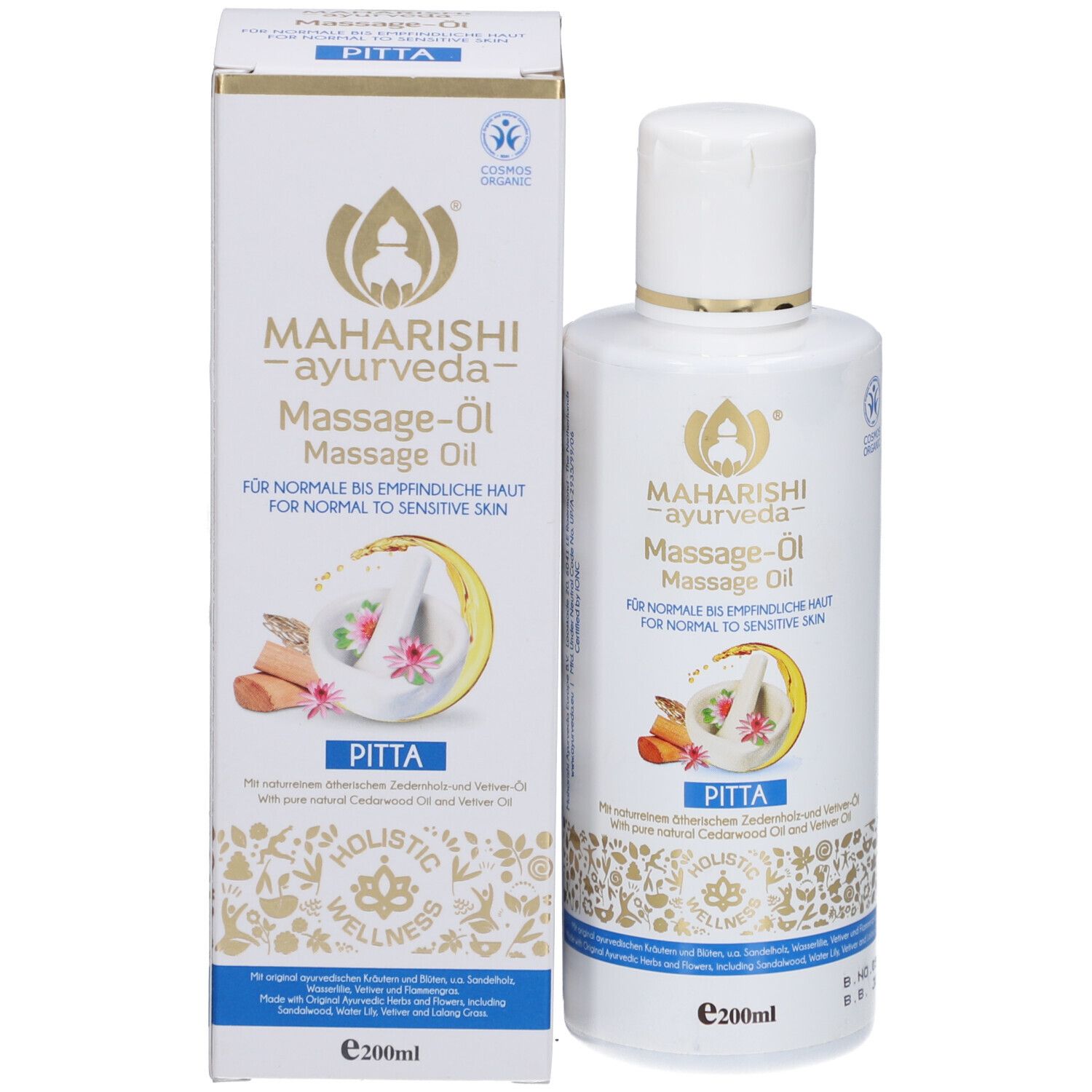 Produktverpackung mit Flasche Massageöl. Aufschrift: Maharishi Ayurveda, Massage-Öl, für normale bis empfindliche Haut. Mit Pitta-Kennzeichnung.