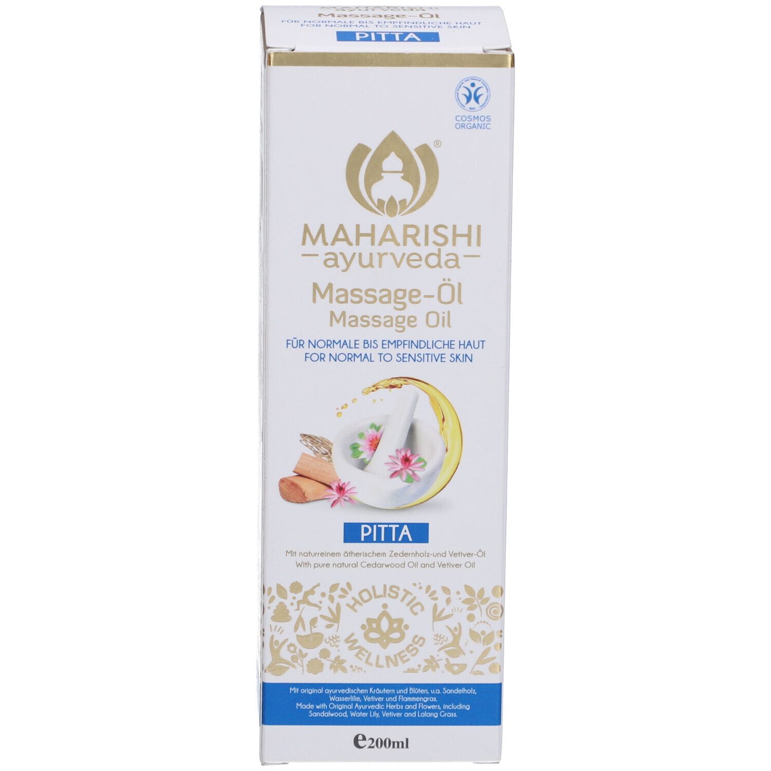 Produktverpackung mit Flasche Massageöl. Aufschrift: Maharishi Ayurveda, Massage-Öl, für normale bis empfindliche Haut. Mit Pitta-Kennzeichnung.
