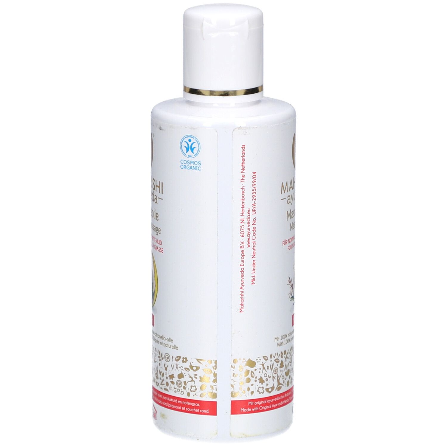 Rückseite einer weißen Flasche. Aufschrift: MAHARISHI ayurveda Massage-Öl. Logos und Text. Cosmos Organic Zertifizierung.