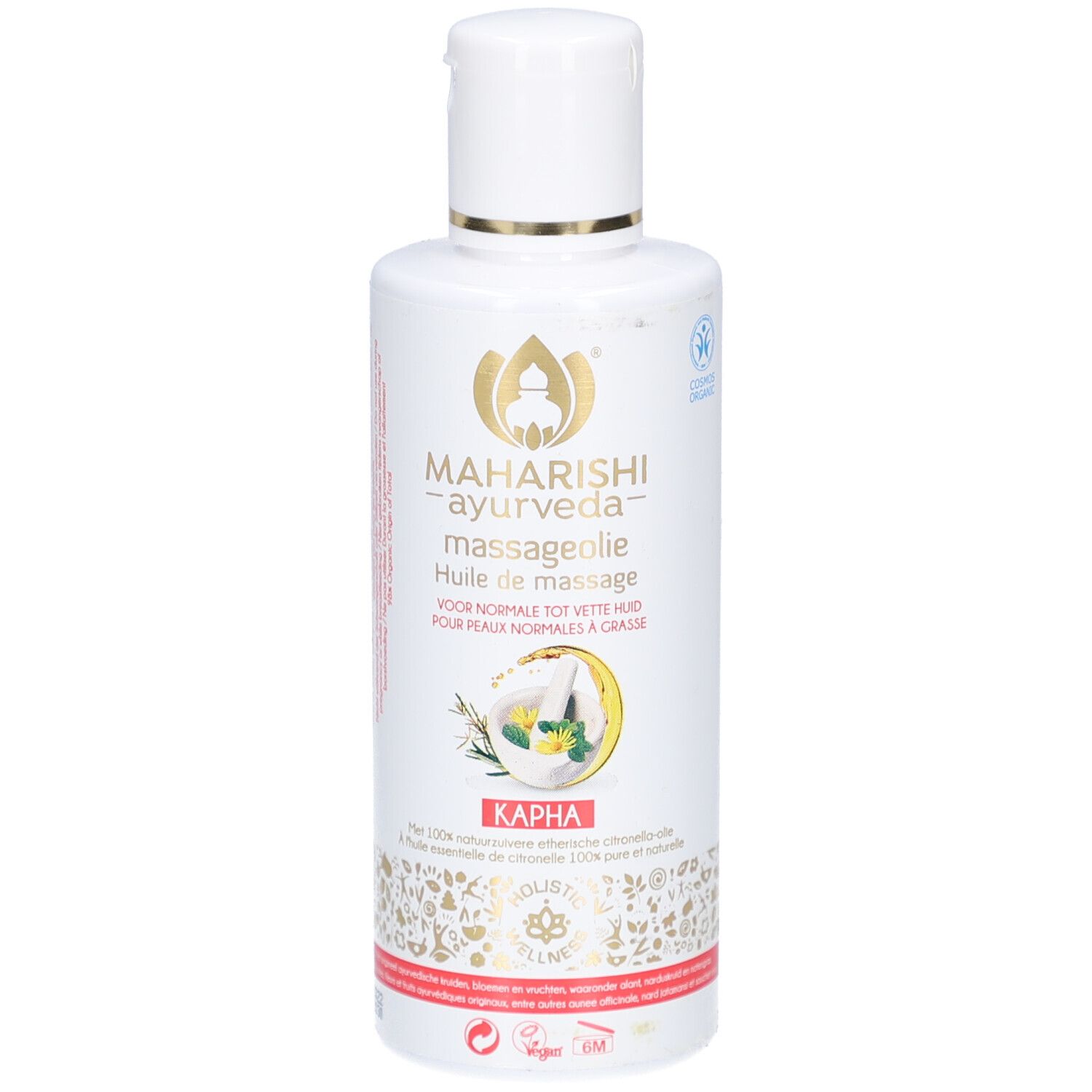 Weiße Flasche mit goldfarbenen Akzenten. Aufschrift: MAHARISHI ayurveda massageolie. Kapha. Für normale bis fettige Haut.
