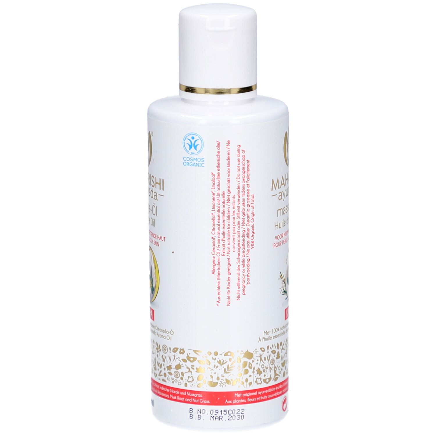 Rückseite einer weißen Flasche. Aufschrift: MAHARISHI ayurveda massageolie. Logos und Text. Cosmos Organic Zertifizierung.
