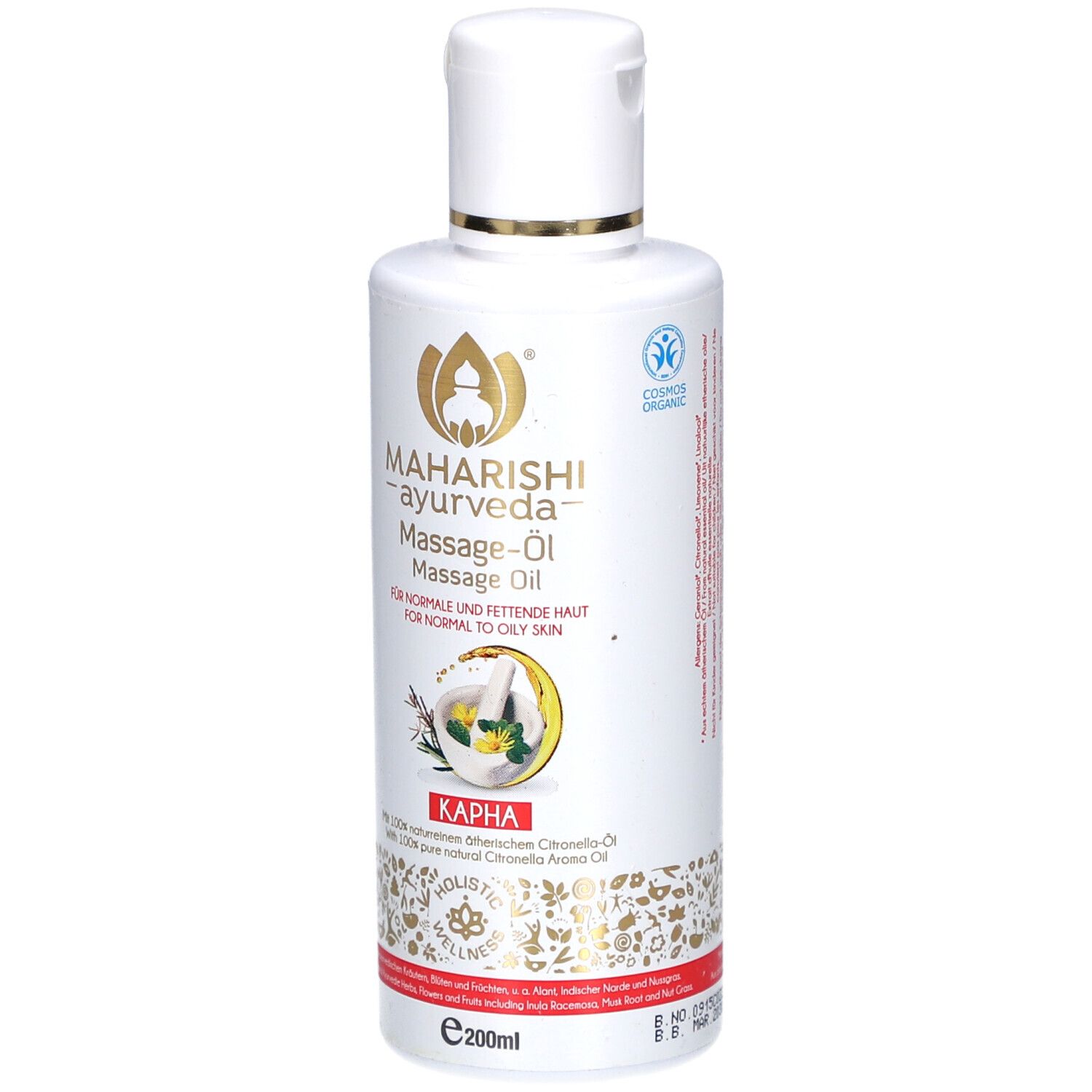 Weiße Flasche mit goldfarbenen Akzenten. Aufschrift: MAHARISHI ayurveda Massage-Öl. Kapha. Für normale bis fettige Haut.