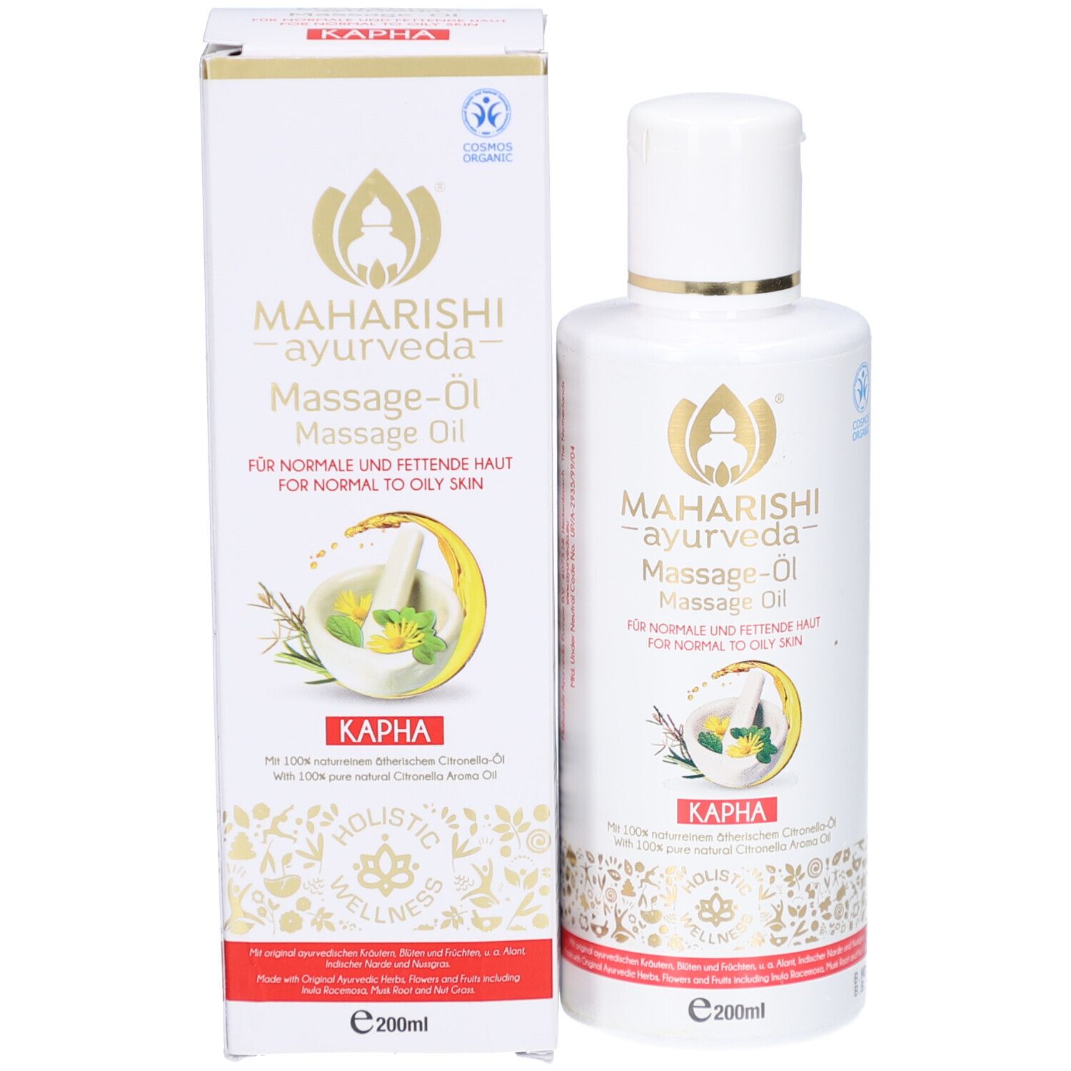 Produktverpackung mit Flasche. Aufschrift: MAHARISHI ayurveda Massage-Öl. Kapha. Für normale bis fettige Haut. Cosmos Organic.