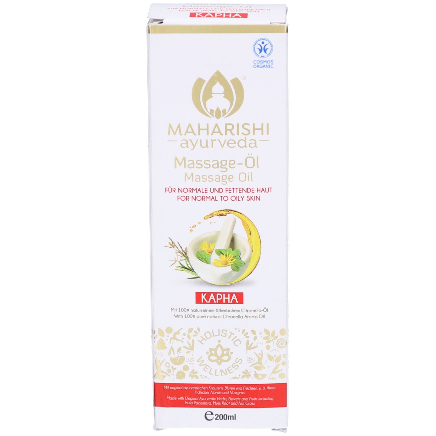 Produktverpackung. Aufschrift: MAHARISHI ayurveda Massage-Öl. Kapha. Für normale bis fettige Haut. Cosmos Organic Zertifizierung.