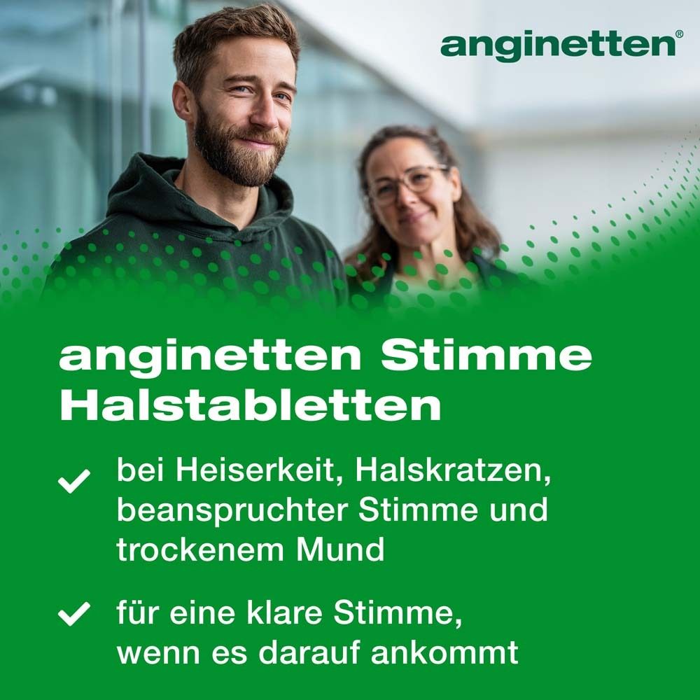 Publicité pour anginetten® Stimme. Deux personnes sur fond vert. Texte: Pour enrouement, maux de gorge, voix fatiguée et bouche sèche.