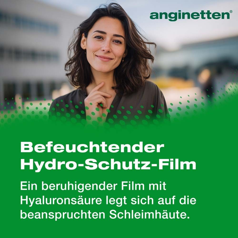 Publicité pour anginetten® Stimme. Femme sur fond vert. Texte: Film protecteur hydratant. Film apaisant à l'acide hyaluronique.