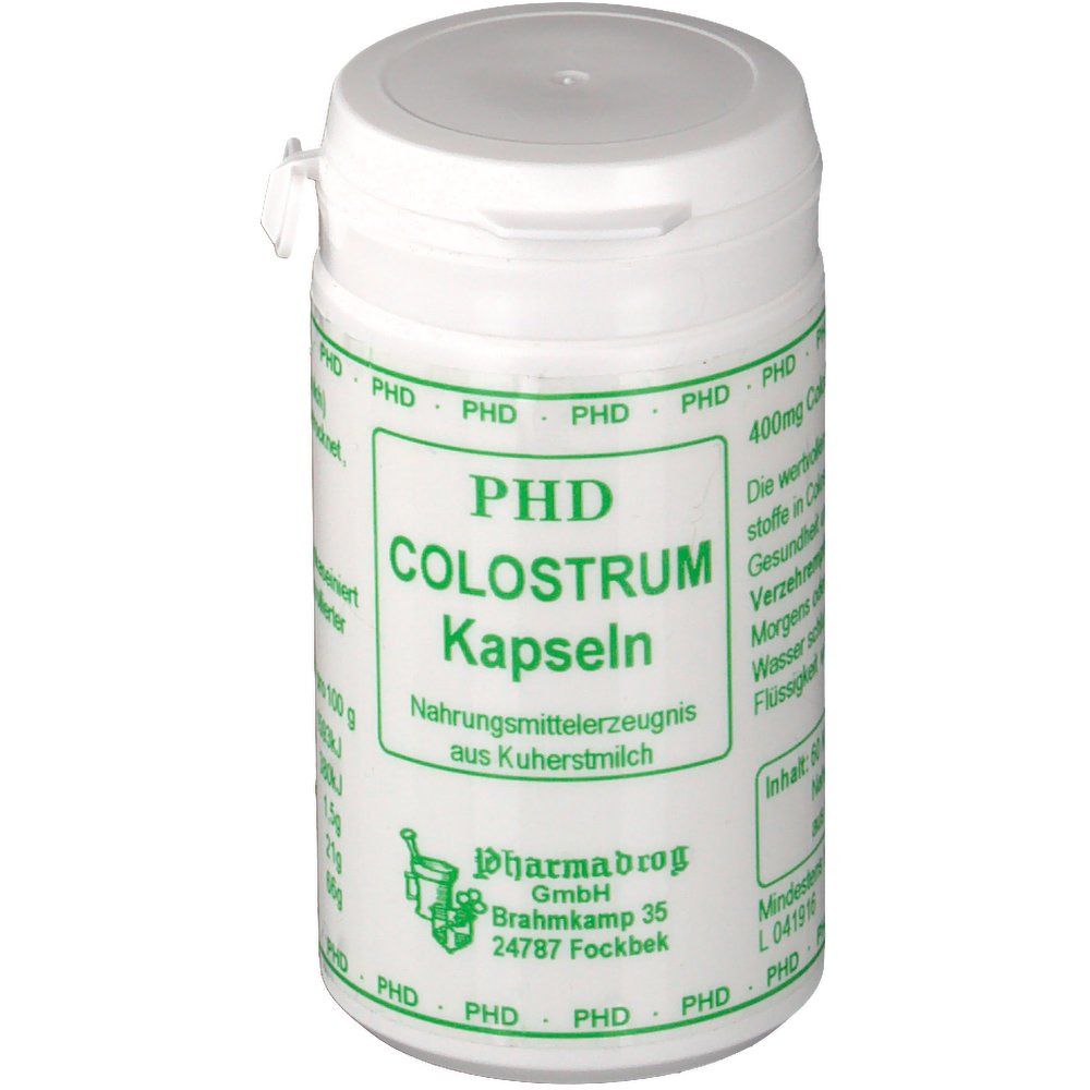 Weiße Dose mit grünem Etikett. Aufschrift: PHD Colostrum Kapseln. Nahrungsergänzungsmittel aus Kuhmilch.