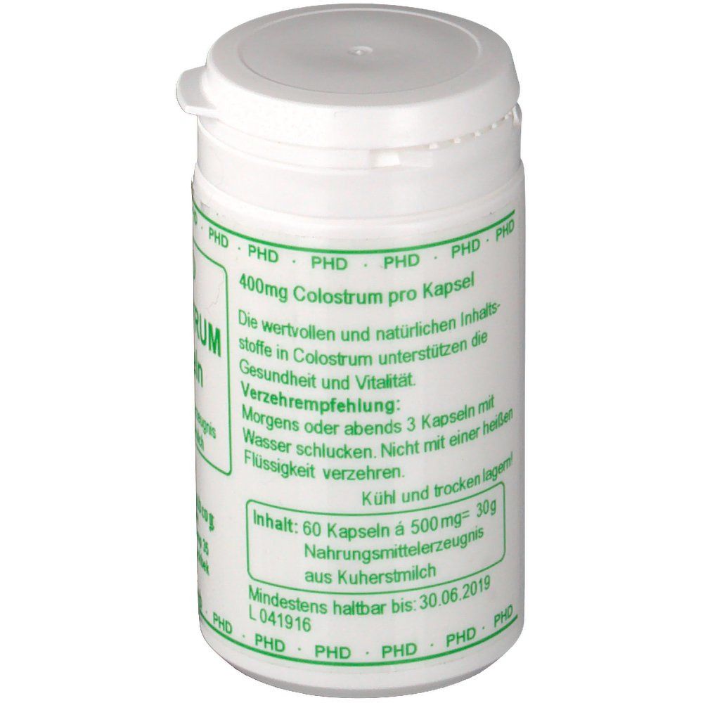 Weiße Dose mit grünem Etikett. Aufschrift: 400mg Colostrum pro Kapsel. Nahrungsergänzungsmittel aus Kuhmilch.