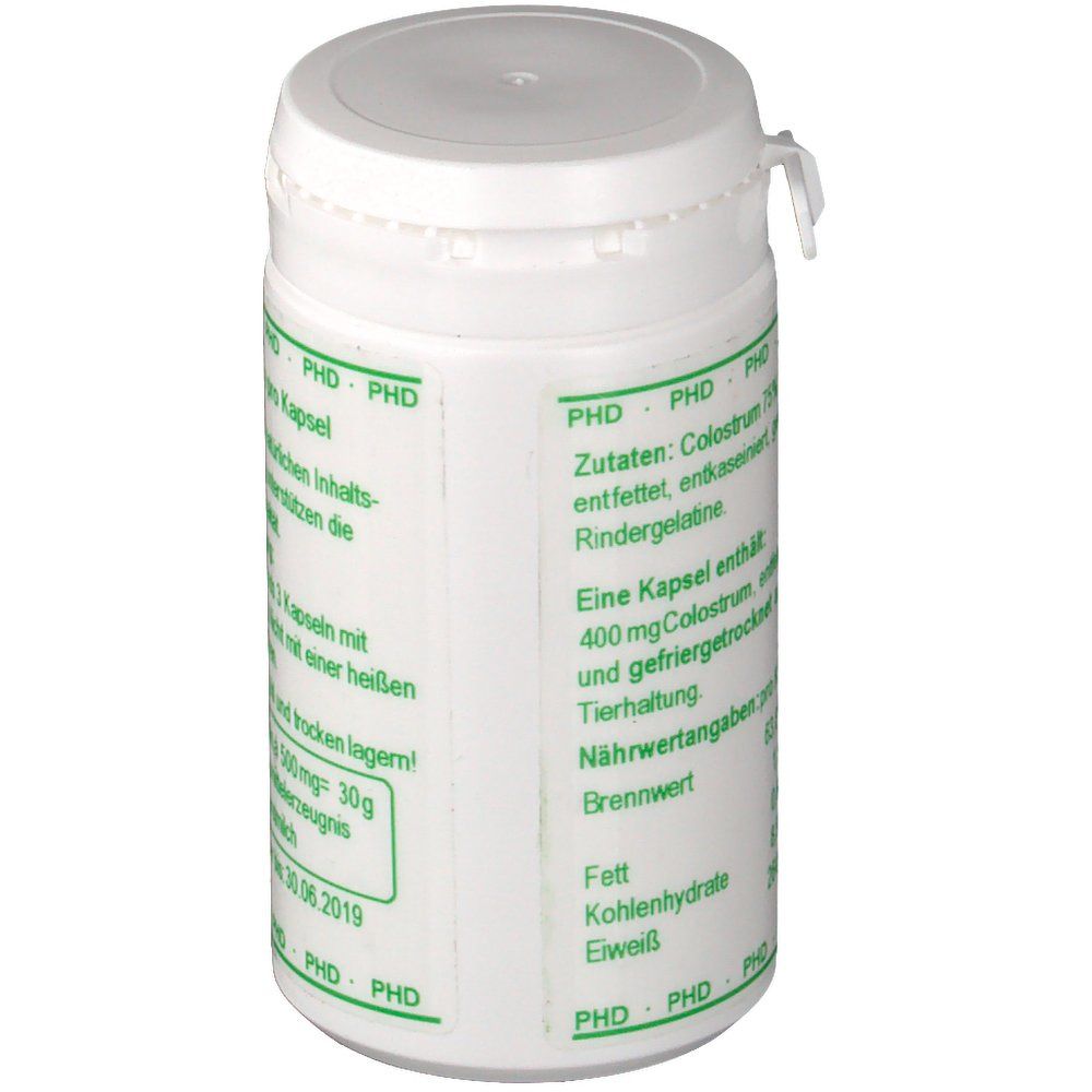 Weiße Dose mit grünem Etikett. Aufschrift: Zutaten: Colostrum entfettet, entkaseiniert, Rindergelatine. Nährwertangaben.