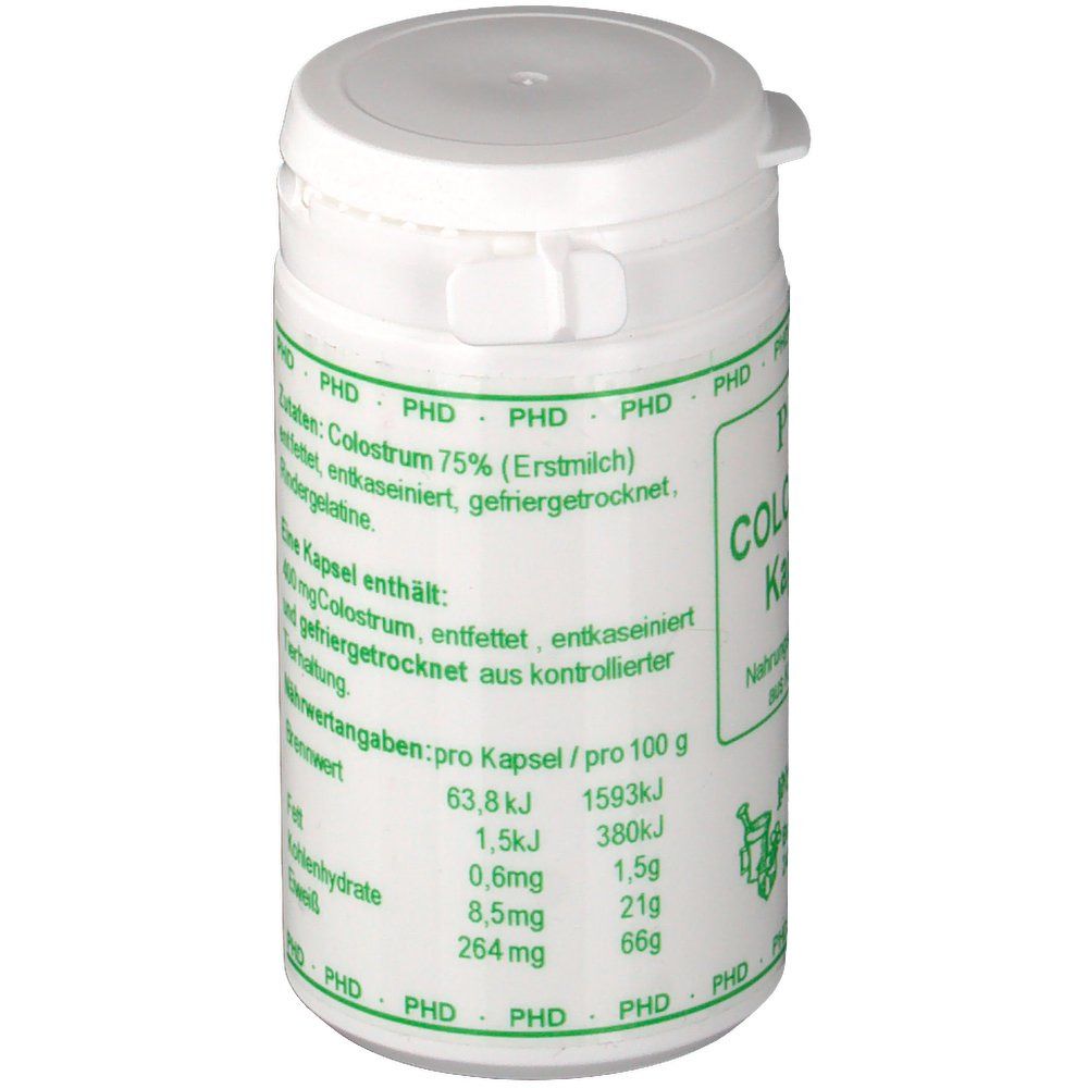 Weiße Dose mit grünem Etikett. Aufschrift: Colostrum 75% (Erstmich), entfettet, entkaseiniert, gefriergetrocknet. Nährwertangaben.