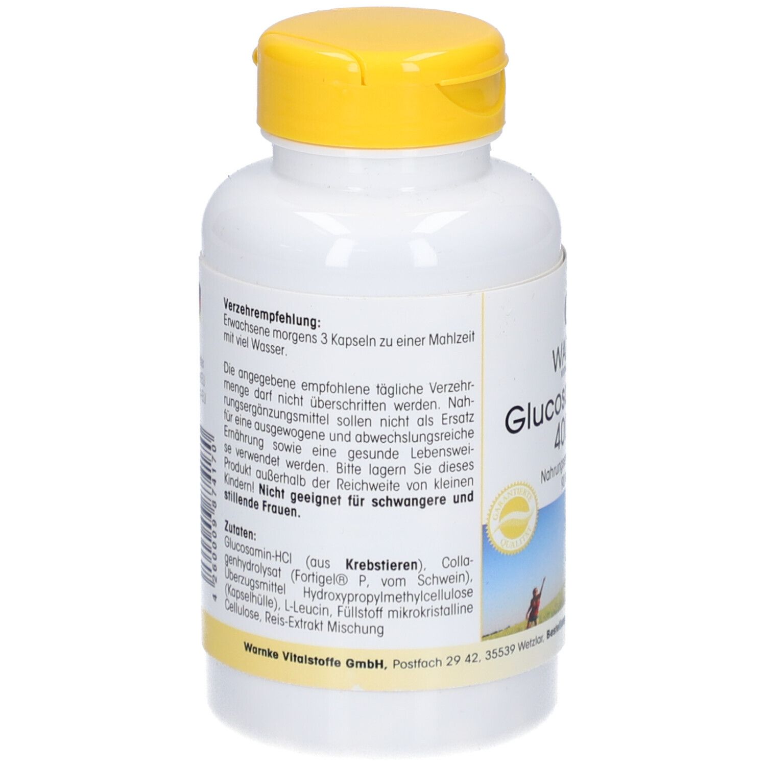 Dos du flacon blanc, bouchon jaune. Texte sur les recommandations et ingrédients. Warnke Glucosamin Plus.