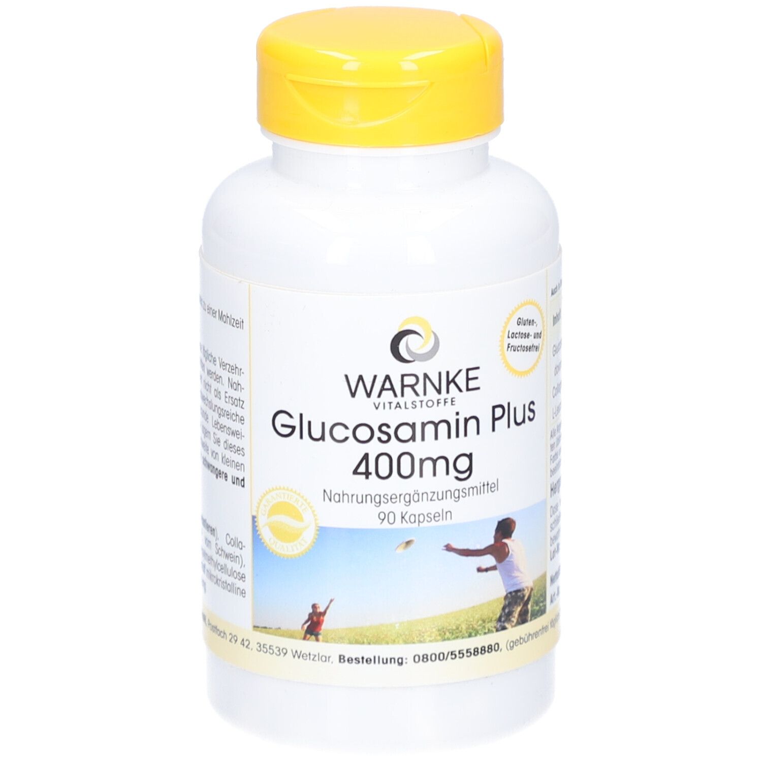Flacon blanc, bouchon jaune. Inscription: Warnke Glucosamin Plus 400mg, 90 capsules. Illustration d'une personne.