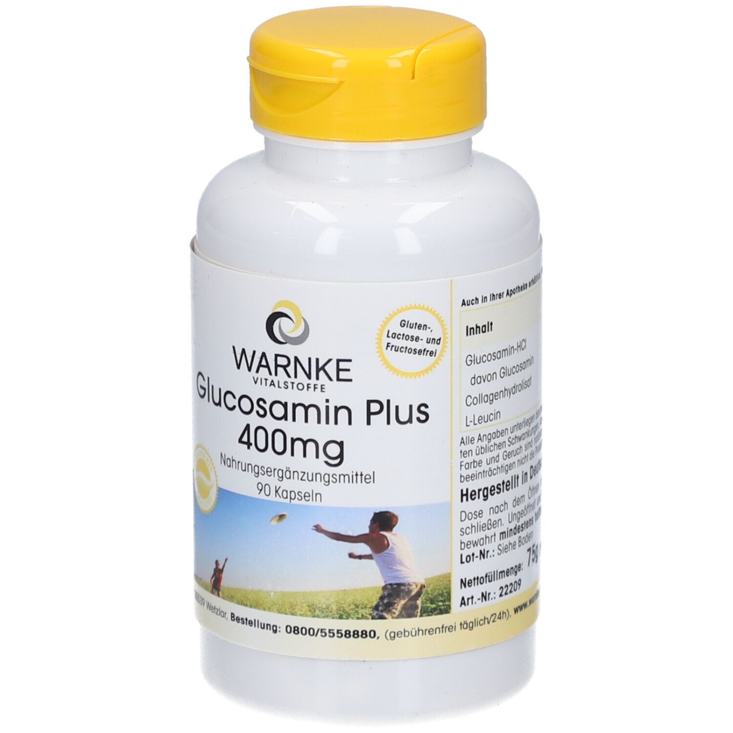 Flacon blanc, bouchon jaune. Inscription: Warnke Glucosamin Plus 400mg, 90 capsules. Ingrédients.