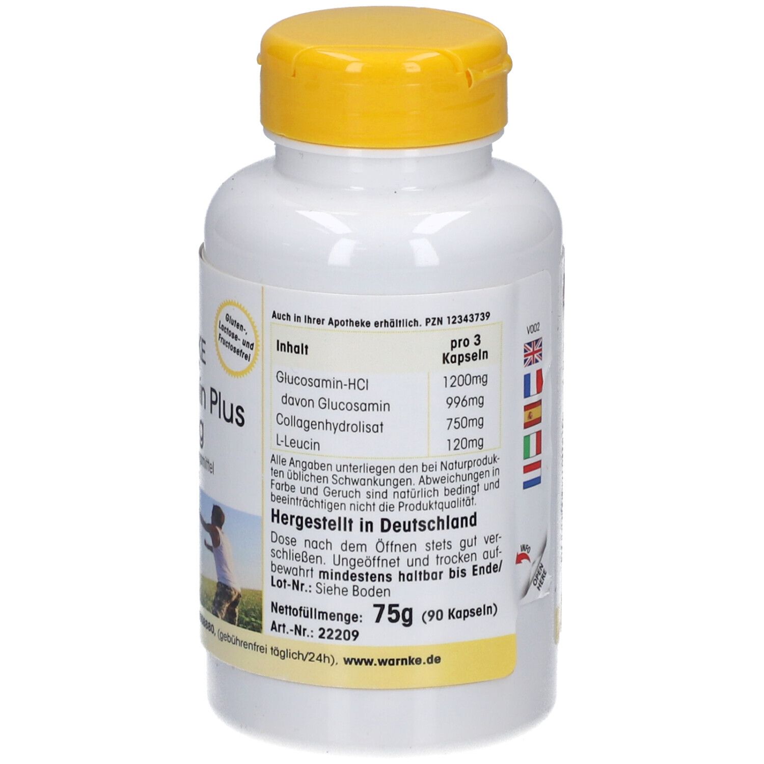 Dos du flacon blanc, bouchon jaune. Texte, ingrédients, drapeaux. Fabriqué en Allemagne. Warnke.