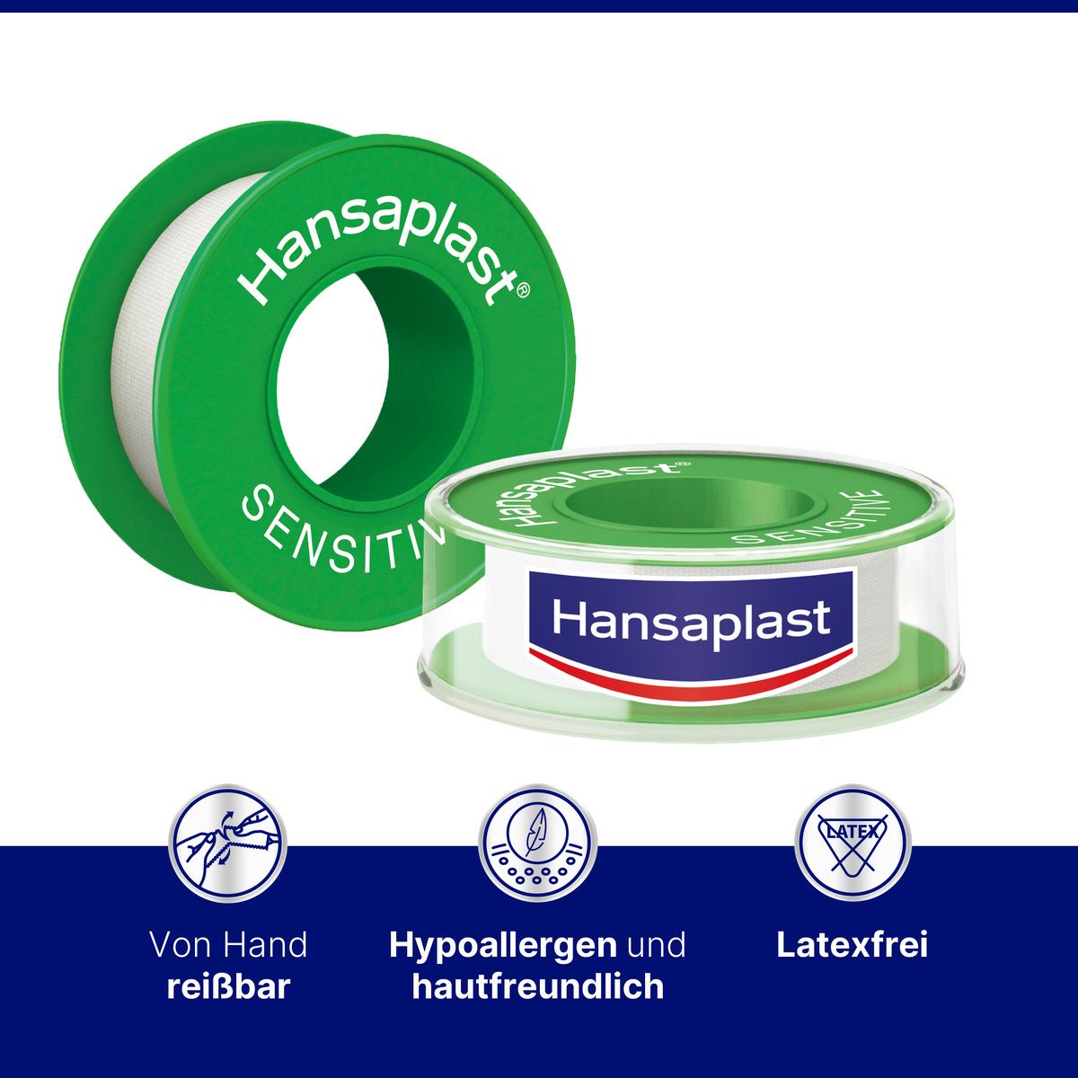 Deux rouleaux de ruban adhésif de fixation. Vert et blanc. Logo Hansaplast. Inscription 'Sensitive'. Symboles : déchirable, hypoallergénique, sans latex.
