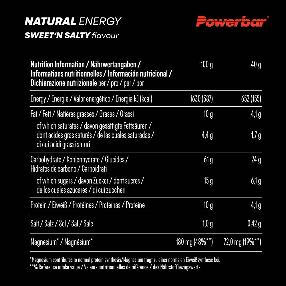 Nährwerttabelle für PowerBar Natural Energy Sweet'n Salty. Angaben pro 100g und 40g. Enthält Informationen zu Energie, Fett, Kohlenhydraten, etc.