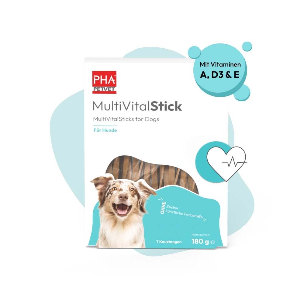 PHA PETVET MultiVitalStick pour chiens. Emballage blanc avec image du produit et graphique bleu. Inscription : MultiVitalSticks for Dogs.