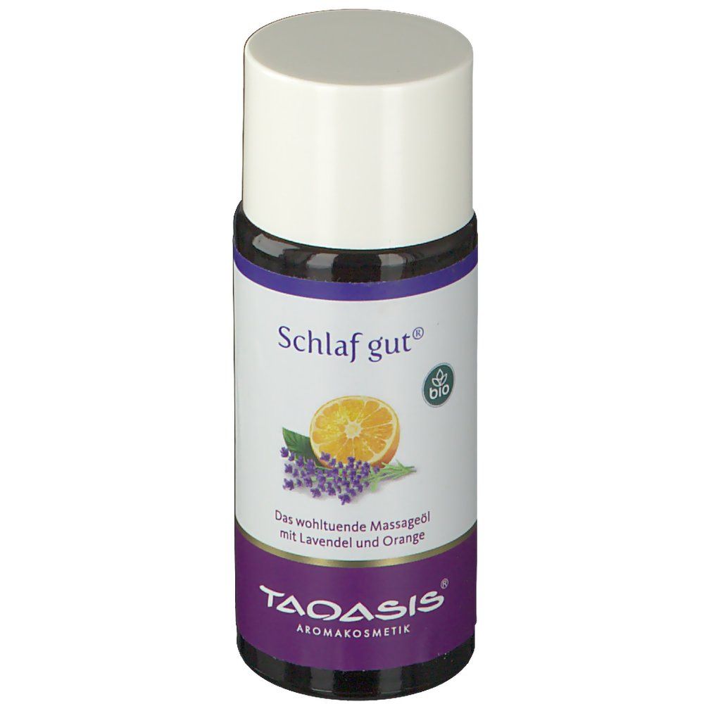 Petite bouteille avec bouchon blanc. Inscription: Schlaf gut, label bio, lavande, orange. Marque: TAOASIS.
